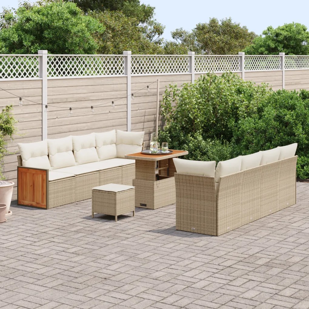 11 Részes Kerti Sofa Szett Párnákkal Bézs Poli Rattan Akáciával