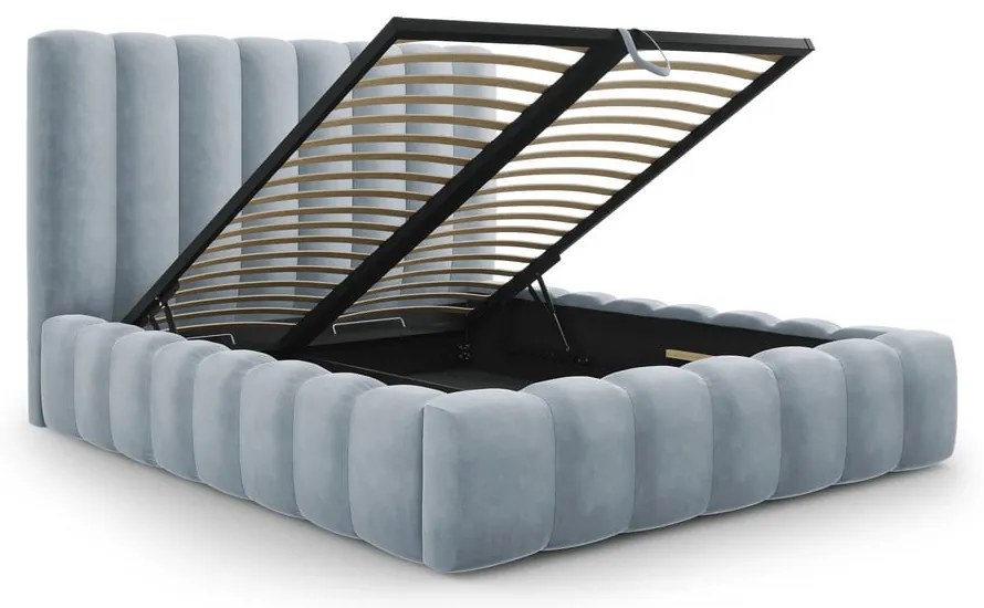 Világoskék kárpitozott franciaágy tárolóhellyel, ágyráccsal 200x200 cm Kelp – Micadoni Home