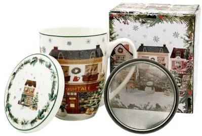 Porcelánbögre tetővel, fémszűrővel, 360ml, dobozban, Christmas City 2