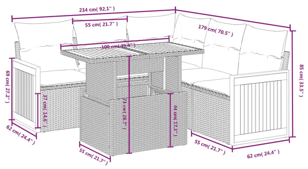 6 részes bézs polyrattan kerti ülőgarnitúra párnával