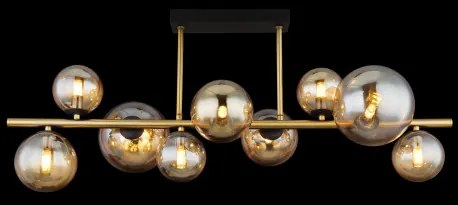 Globo 56135-9D Mennyezeti lámpa fém fekete matt, fém sárgaréz matt, üveg borostyán, HxSzxM.: 870x300x380mm, üveg méret 5X ø: 10 cm, 4X ø: 12 cm, 9x G9 LED 3.5W 230V, 80lm/fej 3000K, 10676 LED izzóval