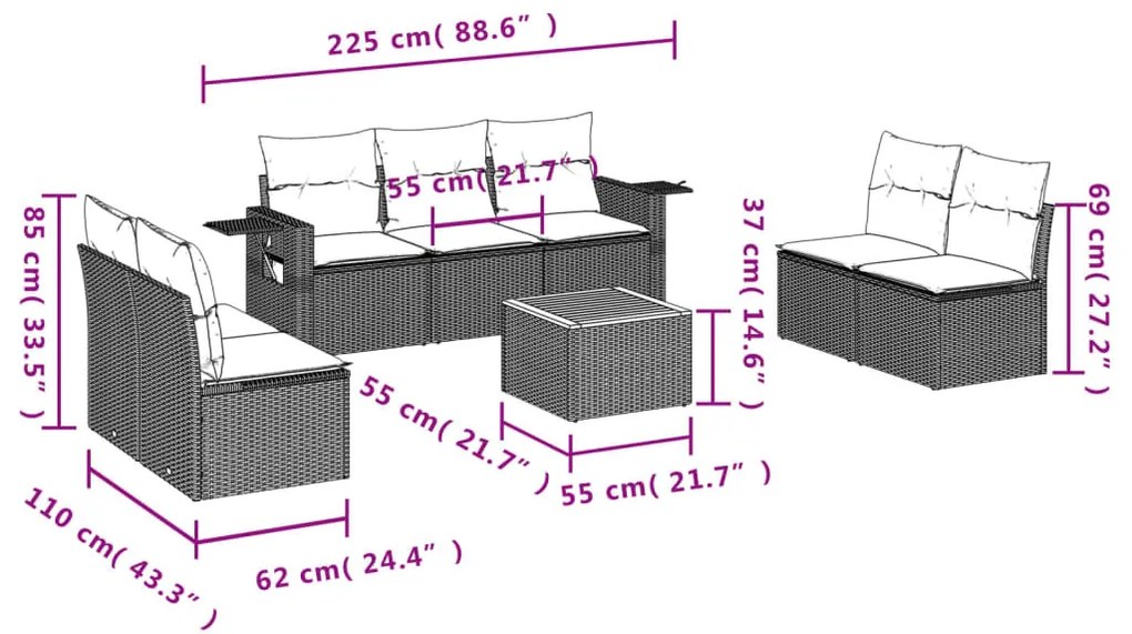 8 részes szürke polyrattan kerti ülőgarnitúra párnákkal