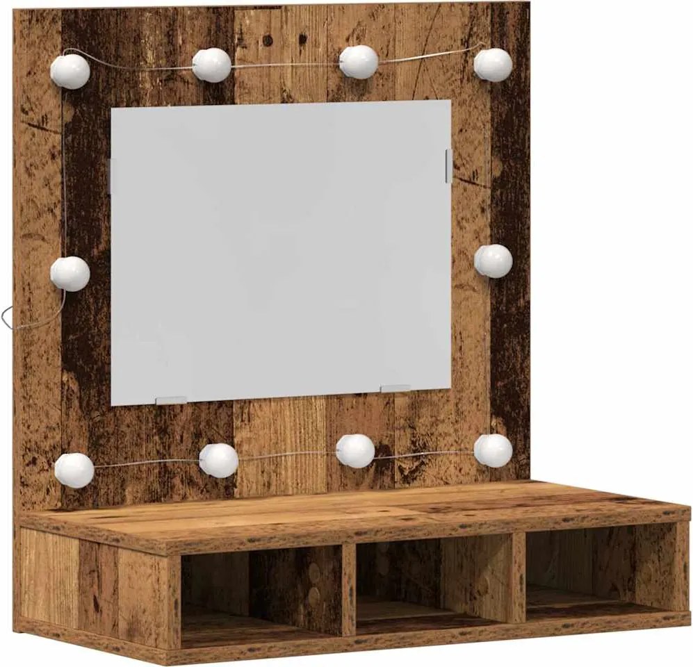 vidaXL Tükörszekrény tükör lámpákkal Régi fa 60 x 31,5 x 62 cm Faanyag