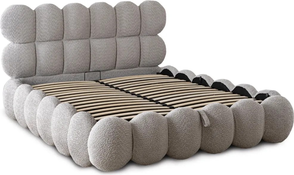 ANKARA ágy 140x200 cm, szürke boucle, ágyneműtartóval