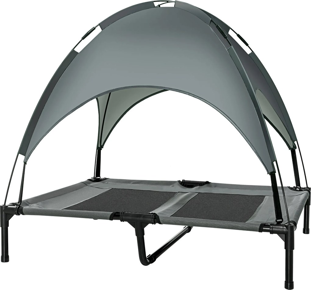 PawHut Emelt Ágy Kutya számára Napellenzővel, Kültéri Kutya Fekhely, Lélegző Taft Anyag Kempingezéshez Szürke 92 x 76 x 90 cm | Aosom