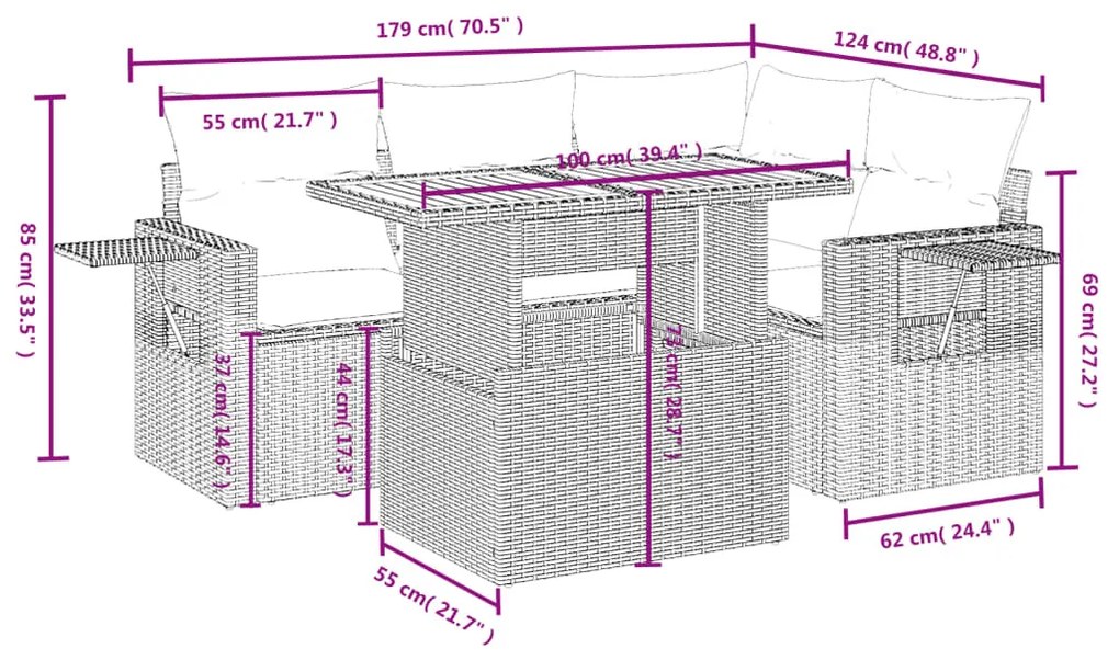 5 részes bézs polyrattan kerti ülőgarnitúra párnákkal