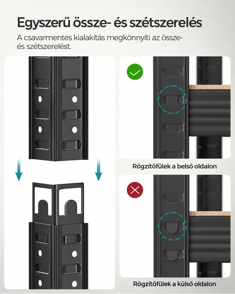 Nagy teherbírású tárolópolc, 5 állítható polccal, 600 kg teherbírás, 100 x 50 x 200 cm, fekete