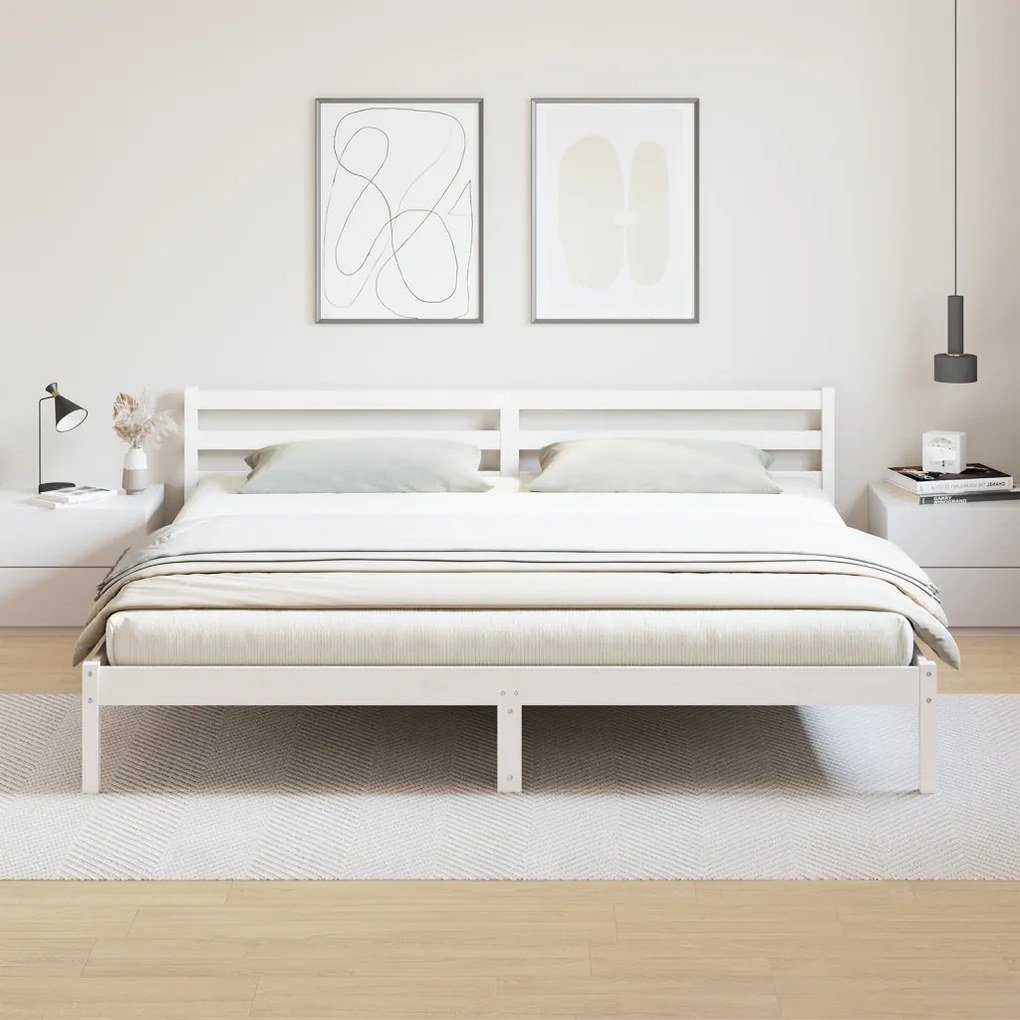 Ágykeret Fejvéggyel Fehér 200x220 cm Szilárd Fa Fenyő