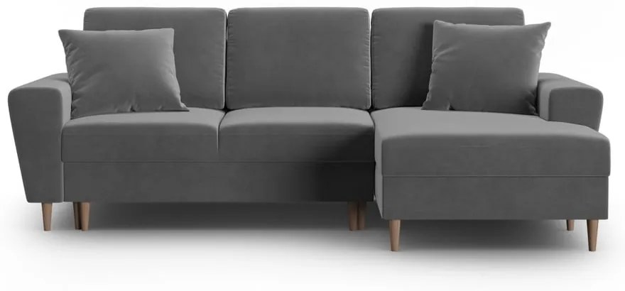 Világosszürke bársony kinyitható tárolóhelyes sarokkanapé (jobb oldali-heverő résszel) Kyoto – Cosmopolitan Design