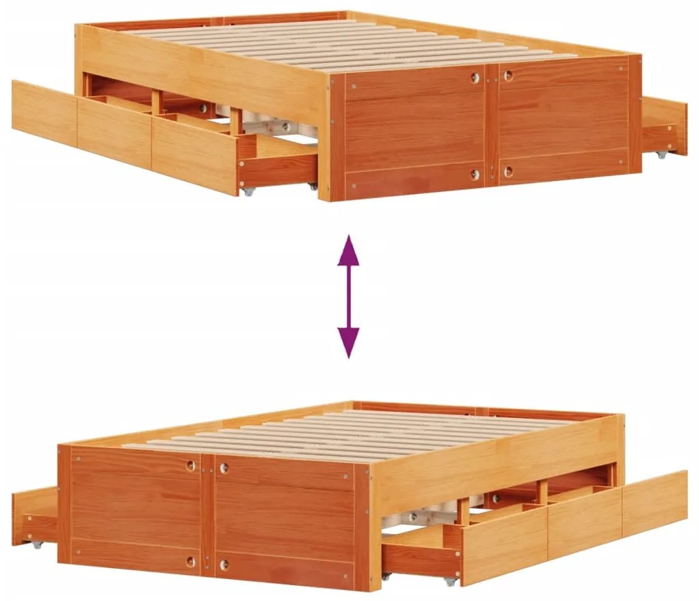 barna tömör fenyőfa fiókos ágykeret matrac nélkül 135 x 190 cm