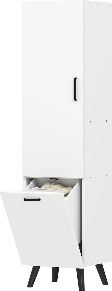 HOMCOM Magas Fürdőszobaszekrény Mosókosárral, Keskeny Fürdőszobai Oszlopajtóval és Polcokkal, Kiegészítő Bútor, 35x31,5x144 cm, Fehér | Aosom