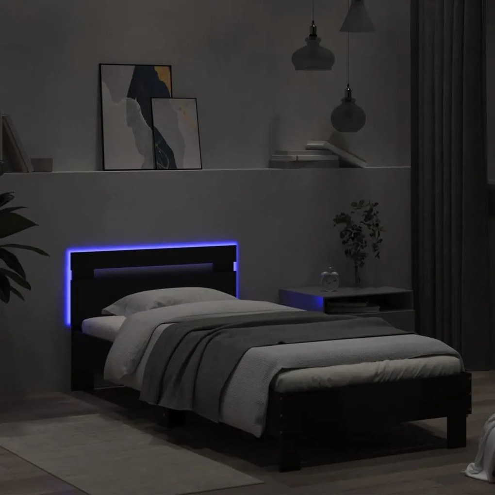 fekete ágykeret fejtámlával és LED-világítással 90 x 190 cm