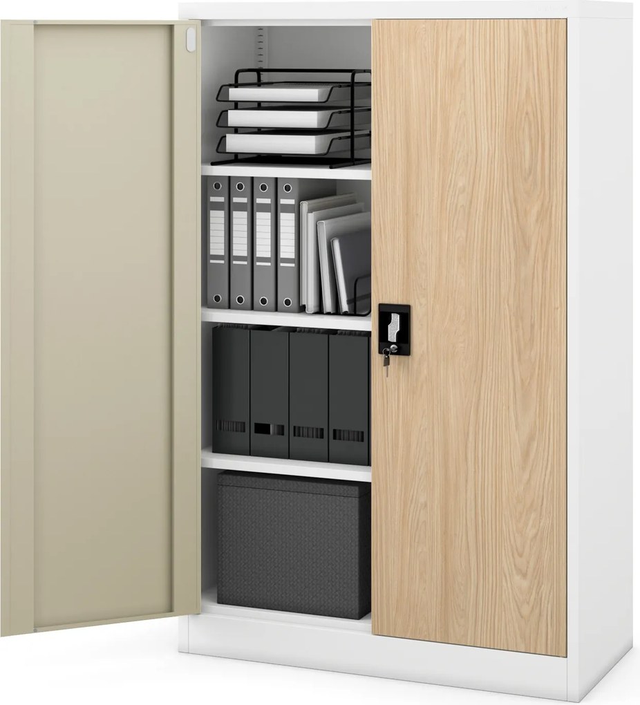 Alacsony fém irodai szekrény 3 polccal, fehér/sonoma tölgy, 900x1400x400 mm: KEVIN Eco Design