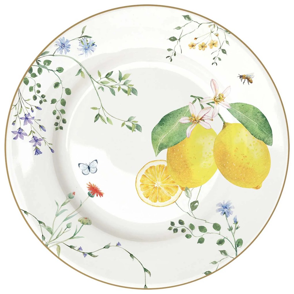 Mediterrán porcelán citrom mintás desszertes tányér Fleurs et Citrons