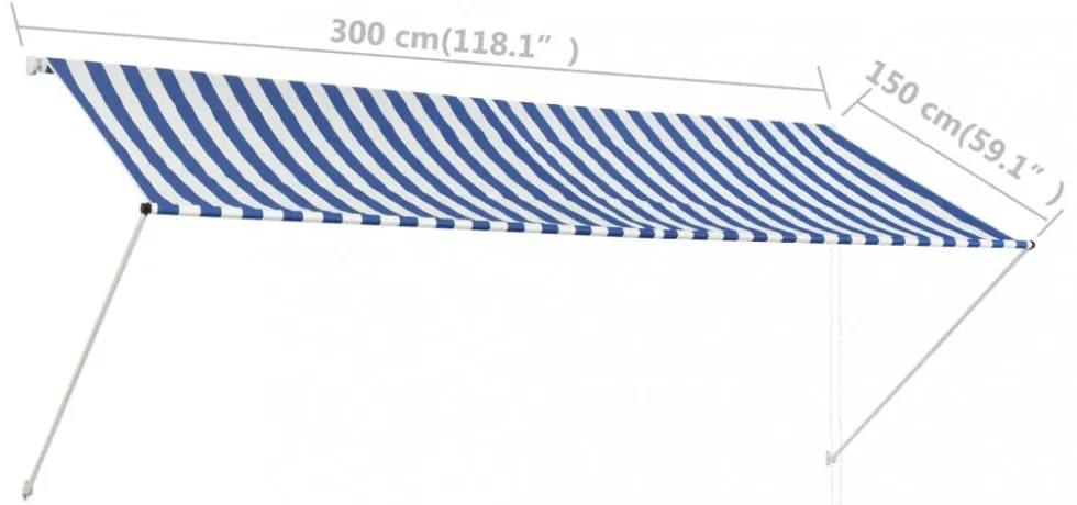 feltekerhető kék és fehér napellenző 300 x 150 cm