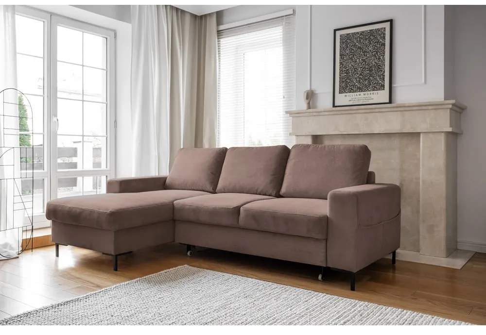 Barna kordbársony kinyitható sarokkanapé (bal oldali) Lofty Lilly – Miuform