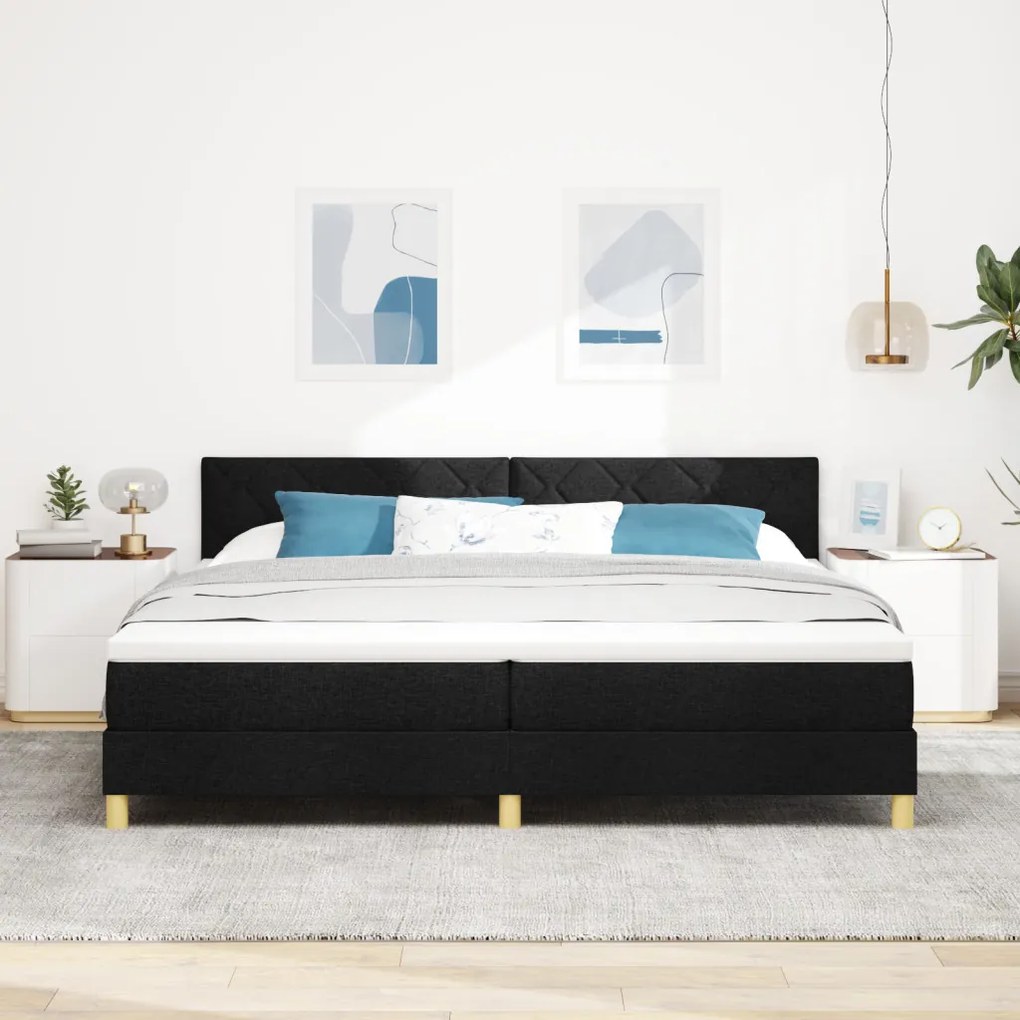 Boxspring ágy matraccal és LED világítással, fekete, 200x200 cm, szövet