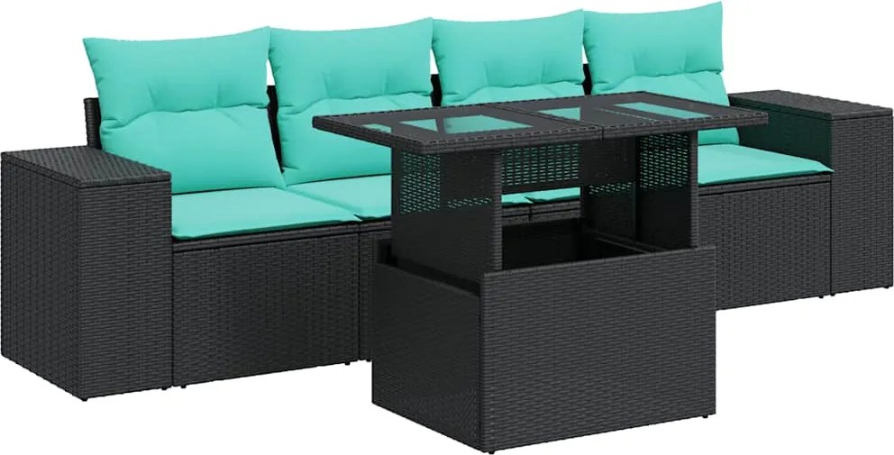 vidaXL 5 részes fekete polyrattan akácfa kerti kanapészett párnákkal