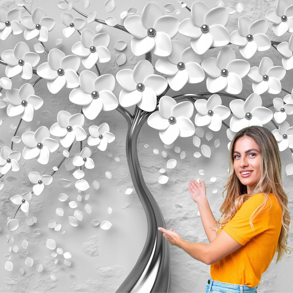 3D fotótapéta Nappali Hálószoba Ezüst Fa levelek szürke 490x260 F