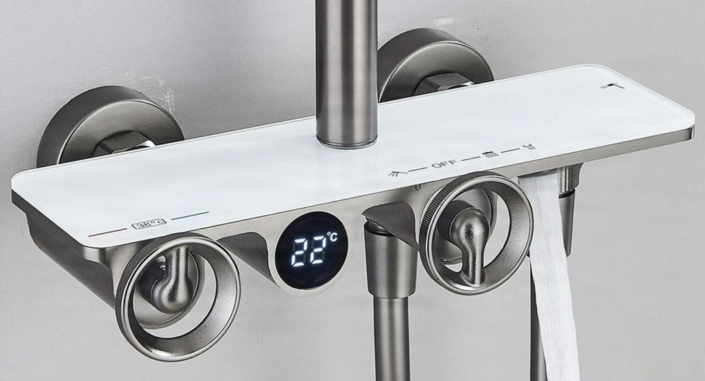 Zuhanyrendszer ELT1104 termosztáttal, digitális kijelzővel, esőztető zuhanyfejjel és több színváltozatban — Arany-fehér