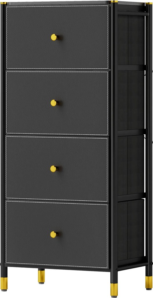 HOMCOM Szövet Fiókos Szekrény 4 Hajtogatható Fiókkal PU Előlapokkal és Acél Vázakkal a Hálószobába és Nappaliba - Fekete | Aosom