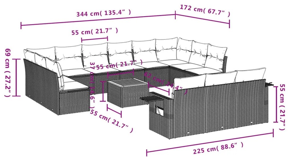 14 részes szürke polyrattan kerti ülőgarnitúra párnákkal