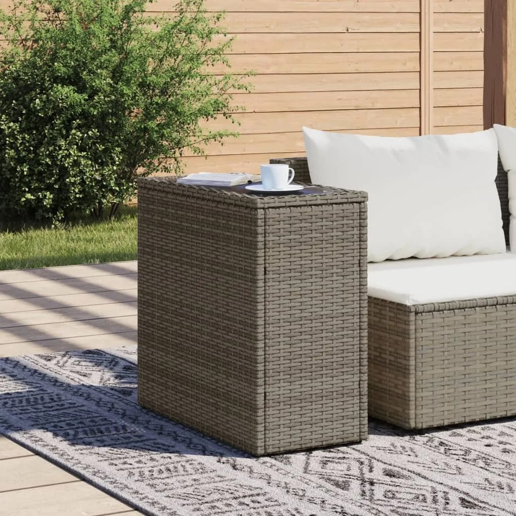 szürke polyrattan kerti kisasztal üveg lappal 58 x 27,5 x 55 cm