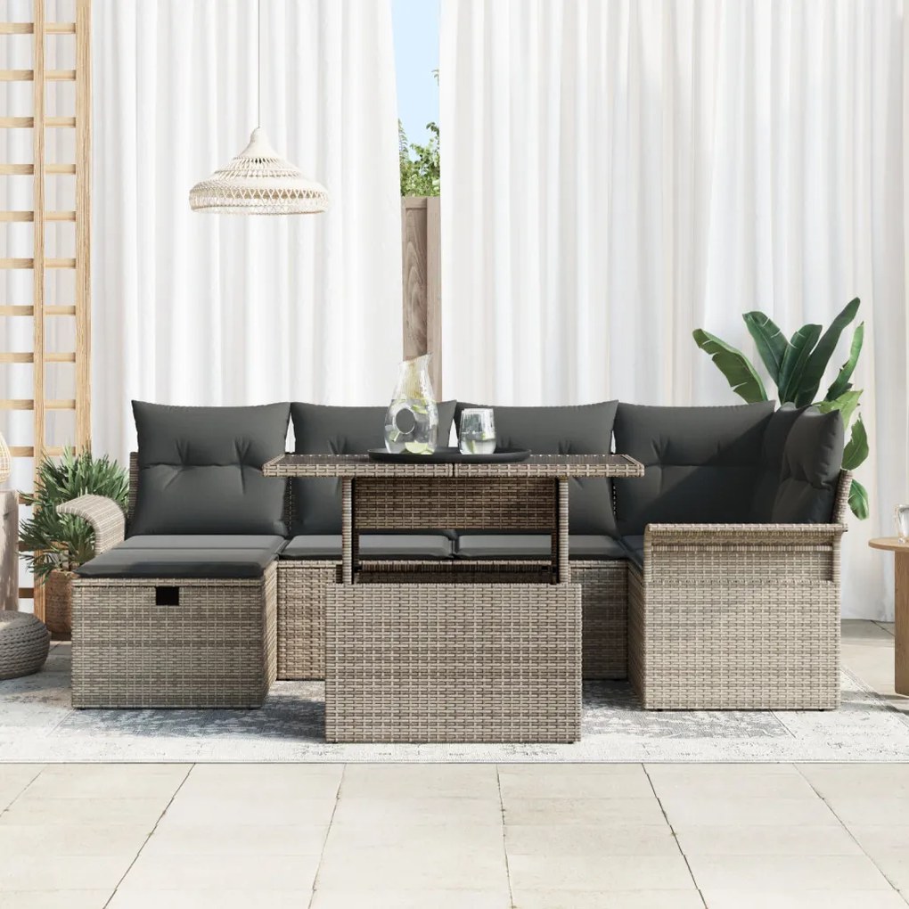 7 részes kertibútor szett párnákkal Szürke Poli Rattan, 2 üléses kertibútor tárolóval és párnákkal Szürke Poli Rattan