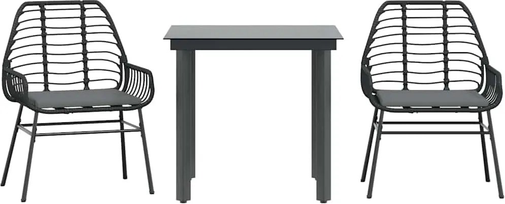 vidaXL 3 részes fekete polyrattan üveg kerti étkezőgarnitúra párnákkal