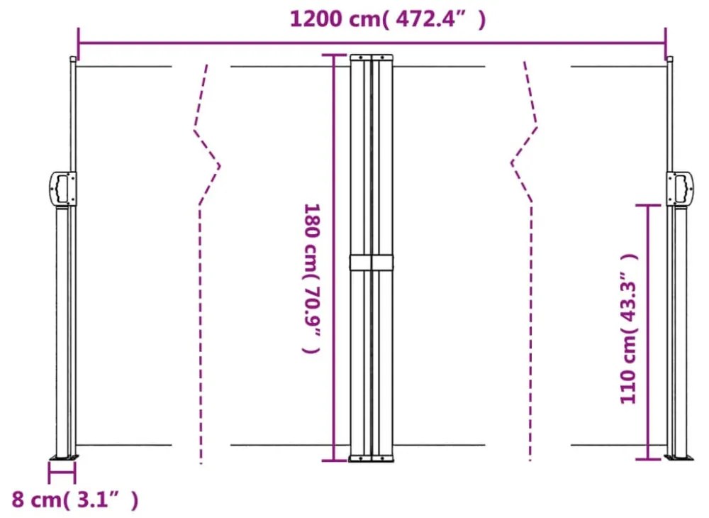 fekete behúzható oldalsó napellenző 180 x 1200 cm
