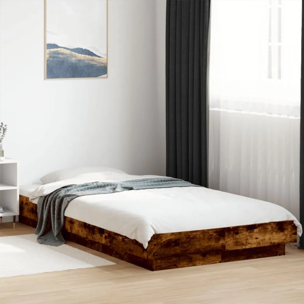 füstös tölgyszínű szerelt fa ágykeret LED-del 90 x 200 cm