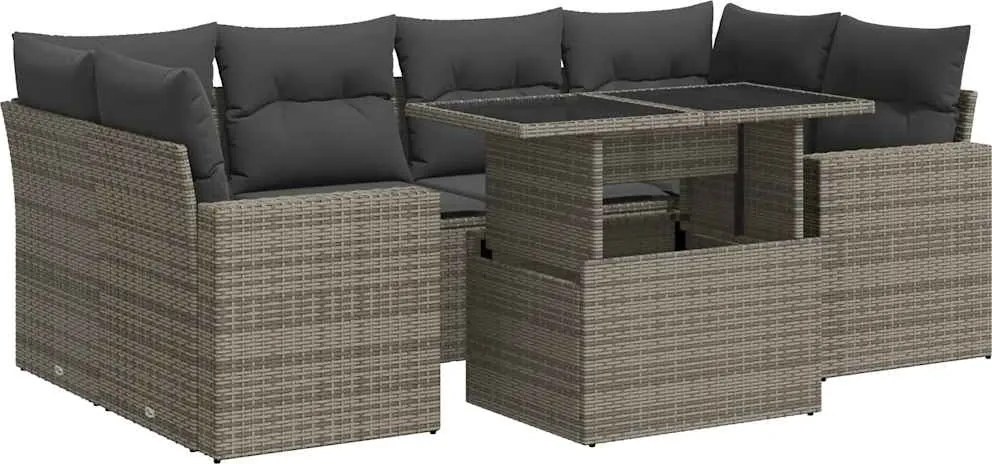 vidaXL 7 részes szürke polyrattan kerti ülőgarnitúra párnákkal