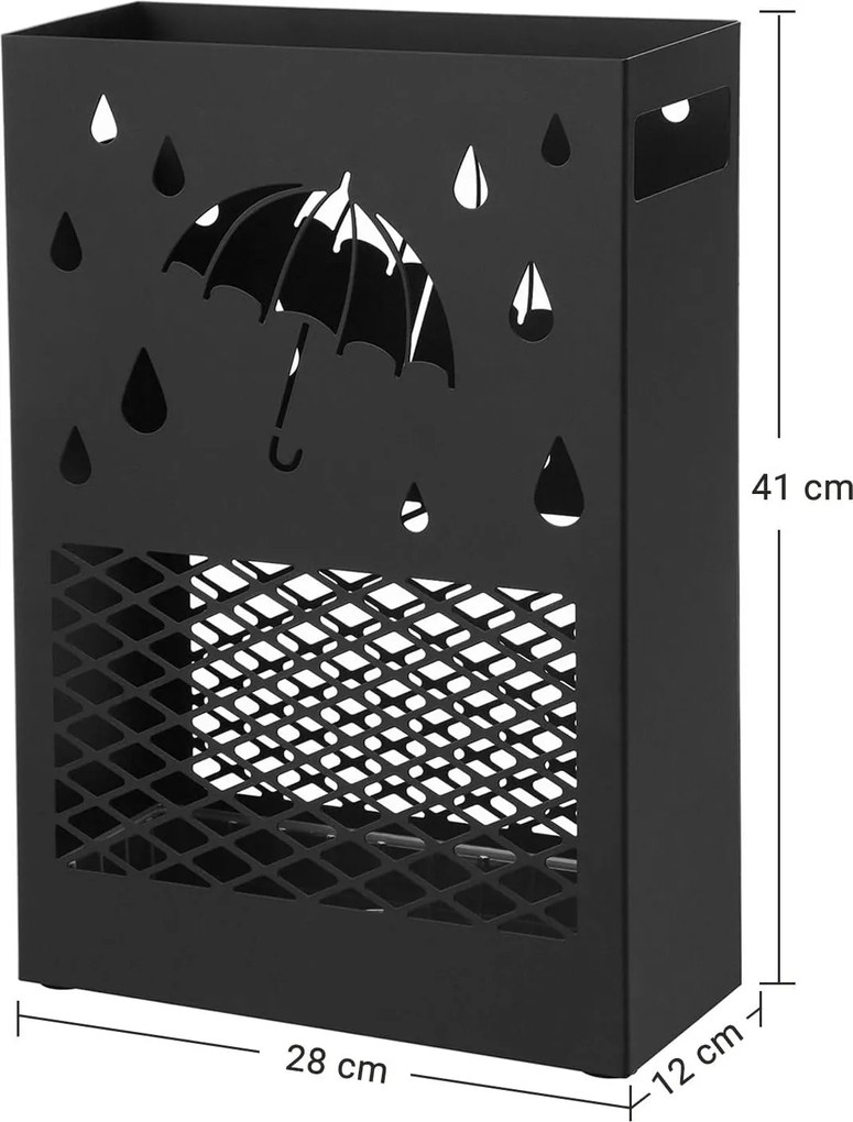 Esernyőtartó fém téglalap alakú kivehető vízcsepp tálcával, fekete