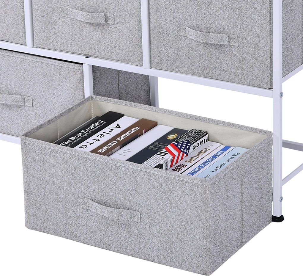 HOMCOM Fiókos Szekrény Tároló 100 x 30 x 54 cm 5 Nem Szőtt Fiókkal Szürke Acél Váz Fehér Világos Fa | Aosom