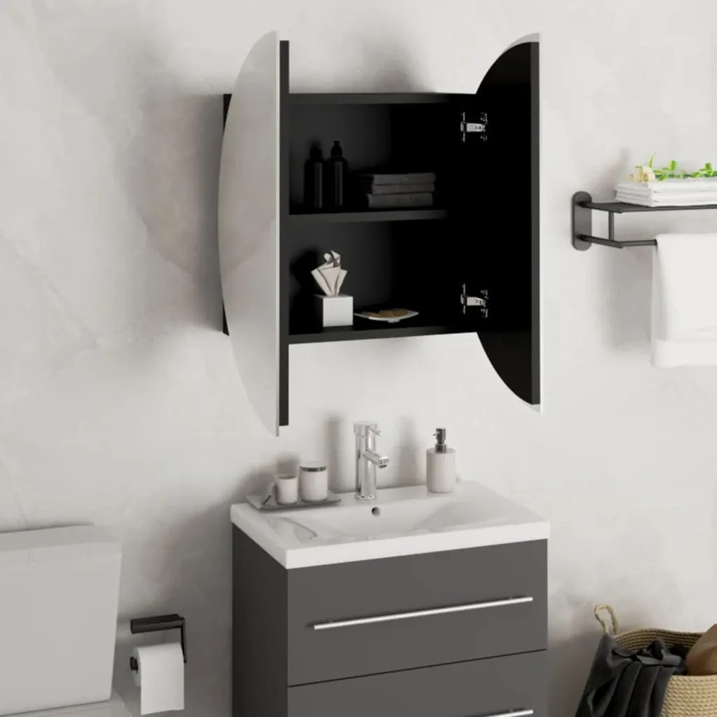 fekete fürdőszobaszekrény kerek tükörrel/LED-del 47x47x17,5 cm
