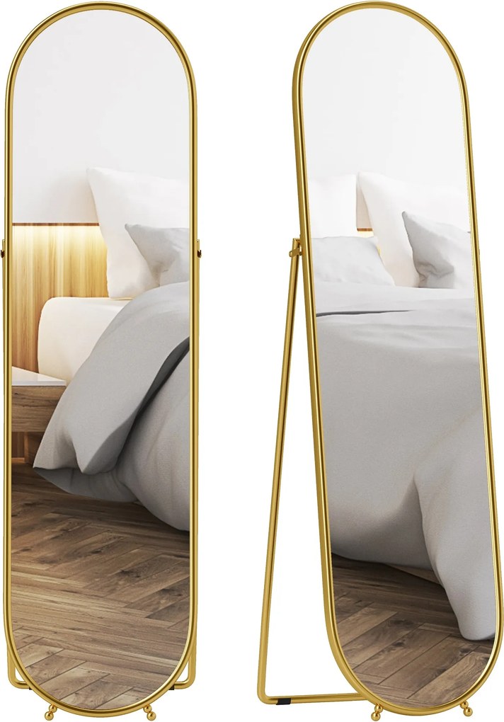HOMCOM ovális teljesalakos álló tükör, 50 x 180 cm — törésbiztos üveg, fém keret és támaszték, arany — hálószoba, nappali, előszoba | Aosom
