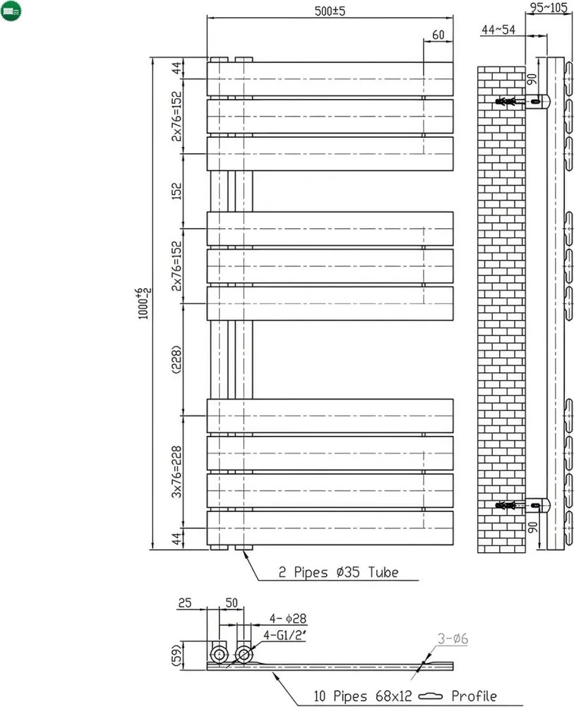 Solaro Design törölközőszárító radiátor 1000x500 mm fekete