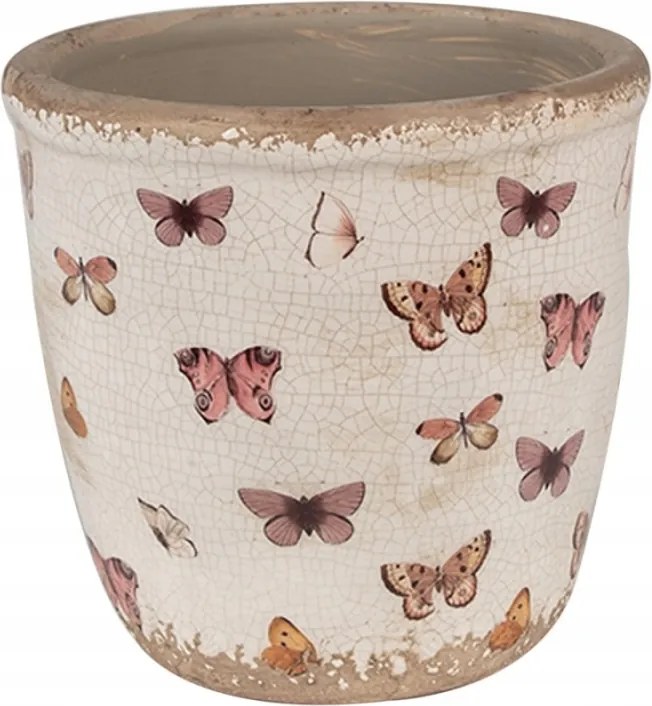 Helga bézs kerámia virágtartó fedél színes pillangókkal 15x14 c