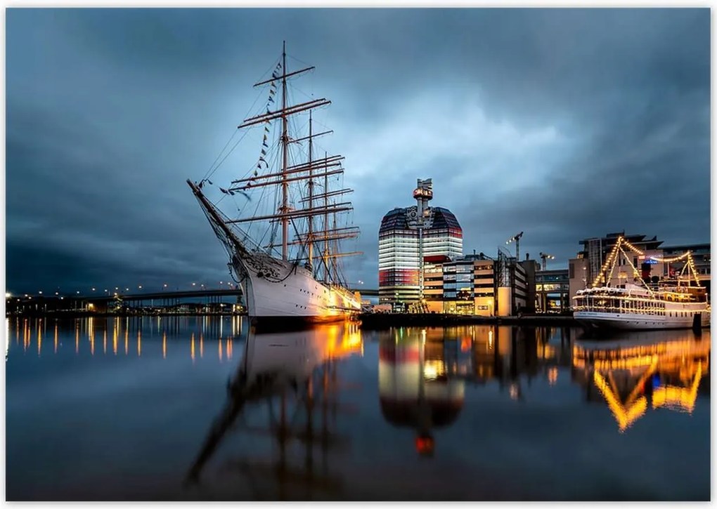 Fotótapéták 208x146 Vitorláshajó a kikötőben éjszaka