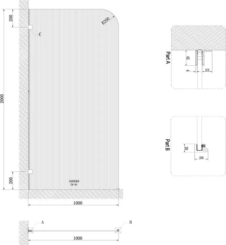 AREZZO design CLEAR walk-in zuhanyfal, bordázott 1000x2000