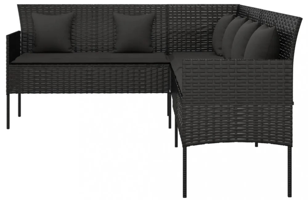 L-alakú fekete polyrattan kerti kanapé párnákkal
