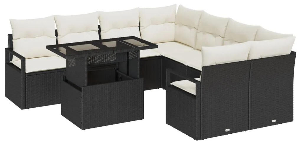 9 darabos Kerti Sofaszett Párnákkal Fekete Poli Rattan, 2 férőhelyes Kerti Sofa Tárolással &amp; Párnákkal Fekete Poli Rattan