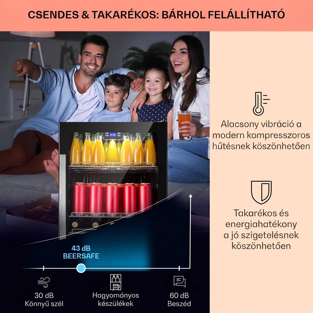 Klarstein Beersafe 5XL, hűtőszekrény, 147 liter, 3 polc, panoráma üvegajtó, rozsdamentes acél