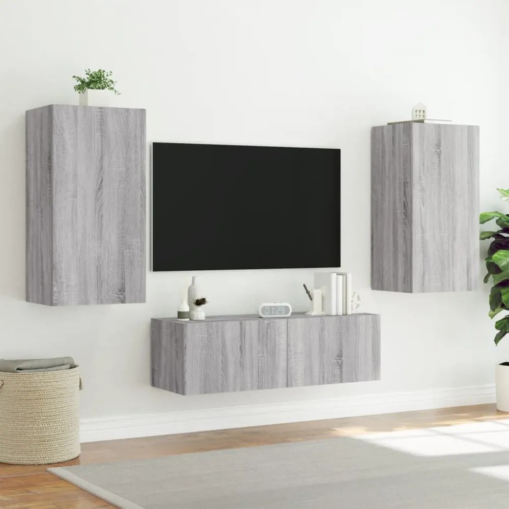 3darab szürke sonoma színű falra szerelhető TV-szekrény LED-del