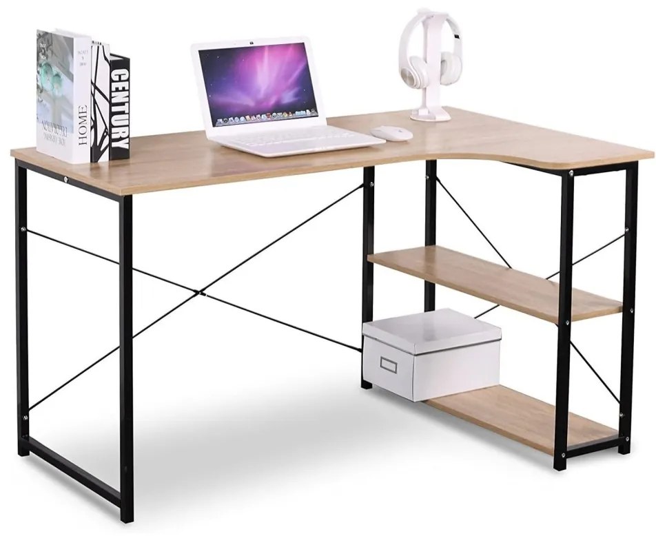 Intenso Home L alakú sarok íróasztal / számítógépasztal polcokkal 120x73cm | Masszív fém váz, fekete - Sonoma tölgy szín