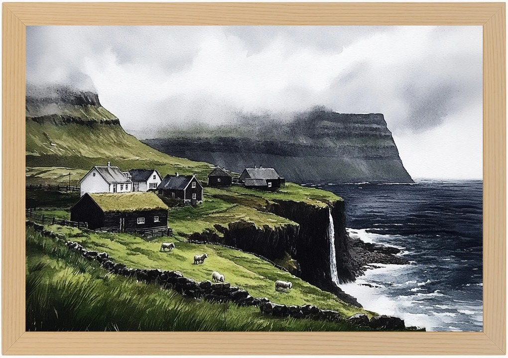 Poszter Keret Fa Tájkép Feröer-szigetek Település Házak Vízesés Hegyek 60x40