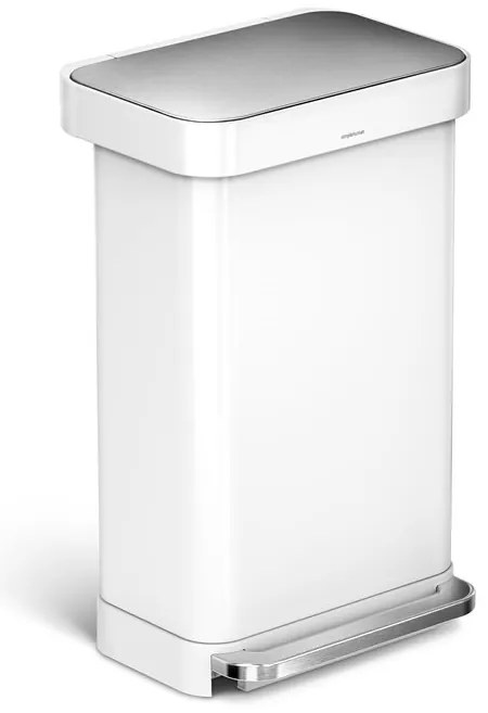 Négyszögletű pedálos szemetes 45 l, fehér acél, táskarekesszel, fehér