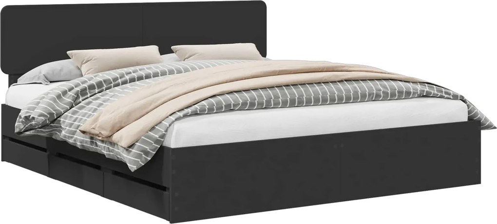 vidaXL Ágykeret fejtámlával fiókkal Fekete 200 x 200 cm Mérnöki fa