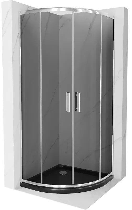 Mexen Rio, negyed kerek zuhanykabin tolóajtóval 80 x 80 cm, 5mm szürke üveg, króm profil + fekete zuhanytálca, 863-080-080-01-30-4170