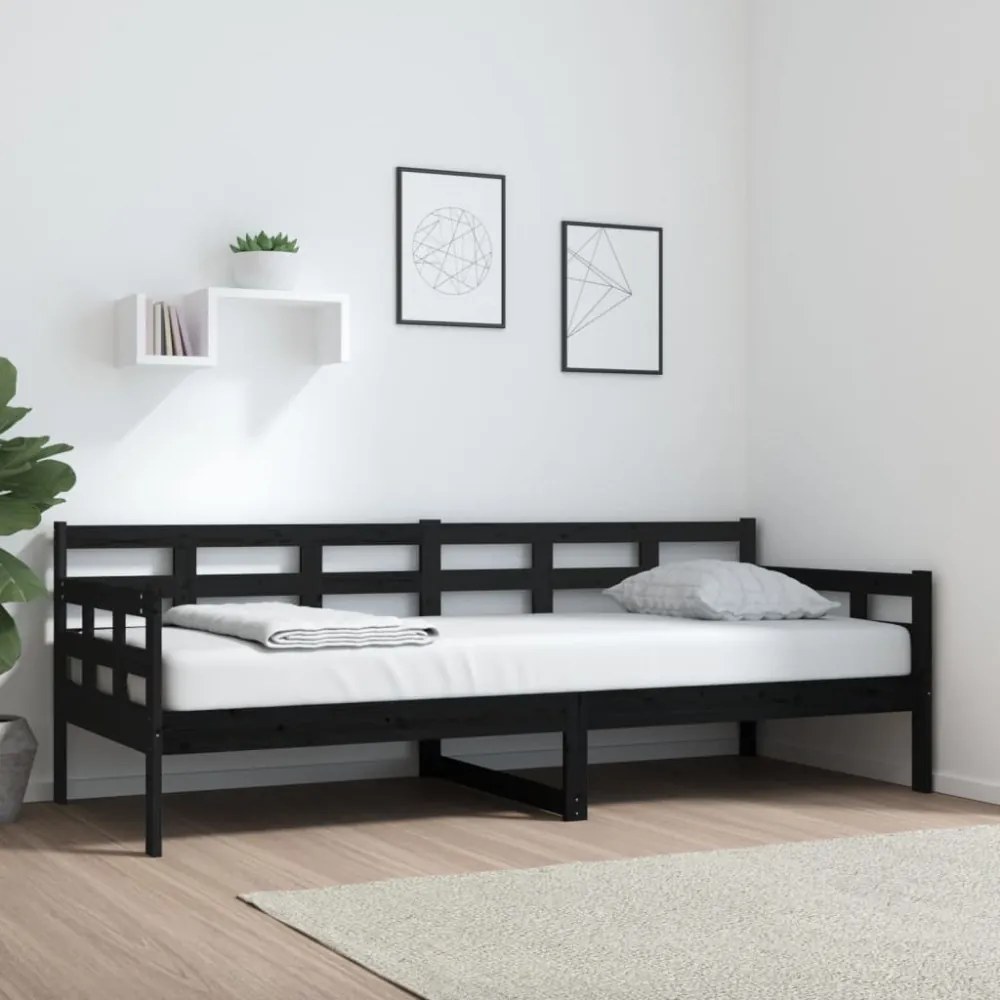 fekete tömör fenyőfa kanapéágy 80x200 cm